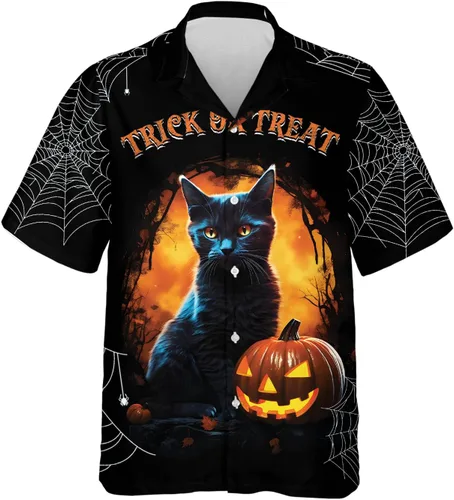 Miniatura 19 de Camisa hawaiana de gato negro para hombre, camisa de noche de Halloween, camisa de manga corta con botones (MP_HW_66)