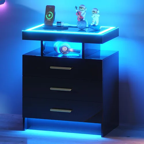 Miniatura 20 de HNEBC Mesita de noche LED, RGB blanco con estación de carga USB/inalámbrica, moderna mesita de noche con sensor automático de luces RGB, mesa blanco