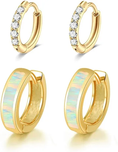 CiNily Aretes Huggie de ópalo con bisagras, chapados en oro, hipoalergénicos, pequeños aretes de aro para mujeres, adolescentes, niñas, hombres,