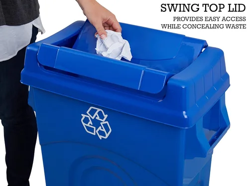 Miniatura 4 de United Solutions Highboy - Papelera de plástico para reciclaje de 23 galones con tapa, asas de paso y borde del recogedor, color azul Reciclar Azul