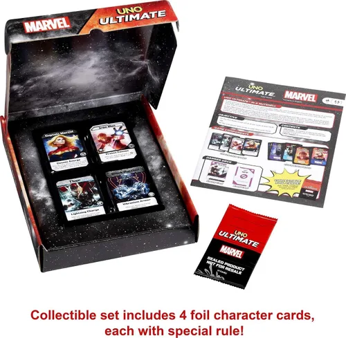 Miniatura 6 de Mattel Games UNO Ultimate Marvel Juego de Cartas con 4 cartas coleccionables de papel metalizado, barajas temáticas de personajes y reglas