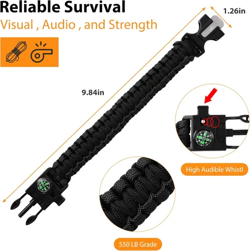 Miniatura 3 de Pulseras Oadnfa, pulseras de supervivencia para hombres, kit de equipo táctico de paracord de 5 en 1 para acampar, con cuerda de paracaídas Negro