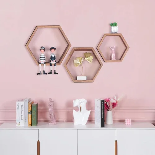 Miniatura 4 de PHOENANCEE Estantes flotantes hexagonales, estante de panal de abeja, estantes de almacenamiento octágonos de madera rústica montados en la pared