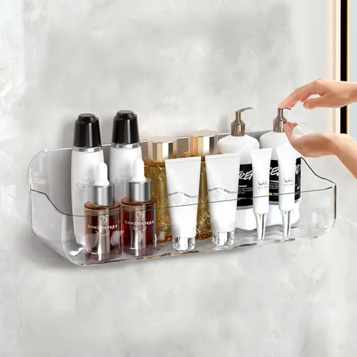 Miniatura 8 de Paquete de 2 estantes de ducha de acrílico, estante de baño transparente adhesivo, organizador de ducha de plástico con cinta autoadhesiva, sin