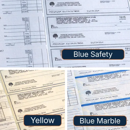 Cheques comerciales manuales, seguridad azul, 3 a una página con trozo, 250 unidades
