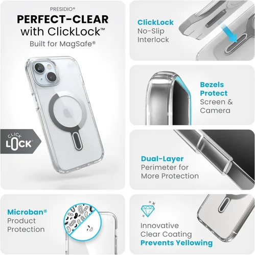 Miniatura 3 de Speck Funda transparente para iPhone 17e y 15 – ClickLock con bloqueo antideslizante, diseñada para MagSafe, protección contra caídas – para iPhone