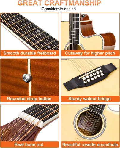 Miniatura 6 de Vangoa Guitarra acústica de 12 cuerdas, guitarra de tamaño completo de 42 pulgadas, 12 cuerdas, parte superior de abeto, cuerpo de sapele