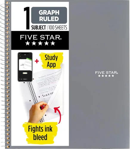 Five Star Spiral Notebook + Study App, 1 Subject, Graph Ruled Paper, 8-1/2" x 11", 100 Sheets, Fights Ink Bleed, Water Resistant Cover, Gray