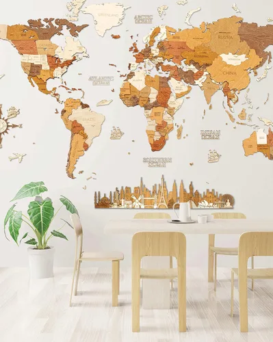 Miniatura 18 de Decoración de pared de mapa del mundo de madera, multicapa, madera teñida multicolor, nombres grabados, diseño 3D único, para cocina, oficina
