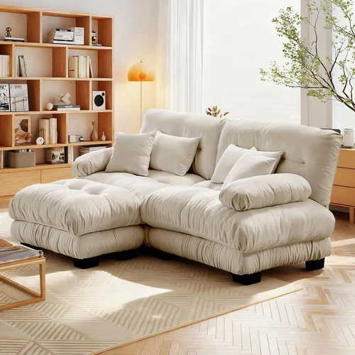 Miniatura 6 de Reposapiés Otomano Tapizado de Terciopelo con Cojín para Sofá Seccional Sofá 300 libras para Sala de Estar (Beige)