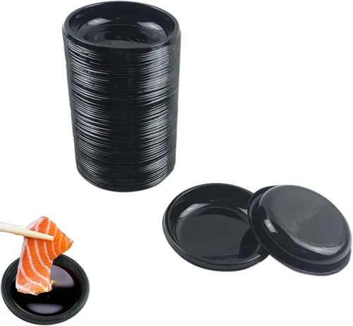 100 mini platos de salsa de inmersión de 3.11 x 3.11 pulgadas, juego de platos redondos desechables de plástico para salsa de soja negra, bandeja