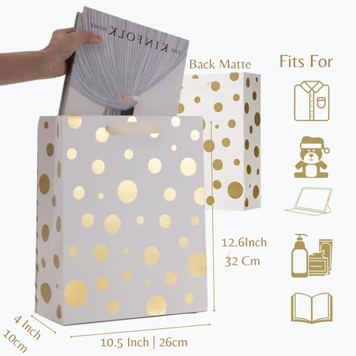 Miniatura 5 de UNIQOOO 12 bolsas de regalo de Navidad doradas metálicas a granel con asa, grandes de 12.5 x 10 pulgadas, bolsas de papel geométrico moderno surtido