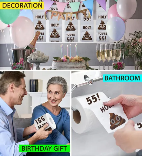 Miniatura 5 de Papel higiénico impreso TP para regalo de cumpleaños 55 – Holy You're 55 Bday Party Funny Birthday Gag Gift Broma papel higiénico, novedad única 55