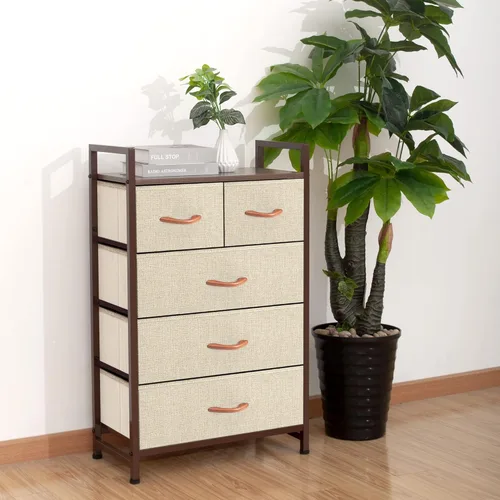 Miniatura 4 de Unidad organizadora de tela con 5 cajones, fácil montaje, torre de almacenamiento vertical para armario, dormitorio, entrada, beige