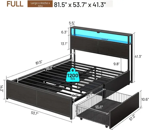 Miniatura 2 de Rolanstar Base de cama de tamaño completo con 4 cajones de almacenamiento, estación de carga y luces LED, plataforma de metal con cabecera