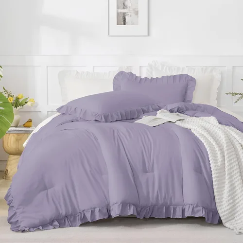 Miniatura 7 de Andency - Juego de edredón grisáceo lavanda púrpura, tamaño King, 3 piezas, juego de ropa de cama con volantes sólidos y colecciones, ropa de cama