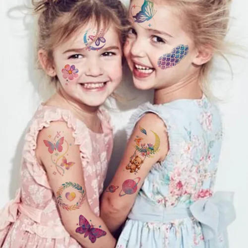 Miniatura 3 de CHARLENT 110 estilos de tatuajes temporales con purpurina para niñas y mujeres – 12 hojas de purpurina de ensueño mariposa luna hada sirena tatuajes