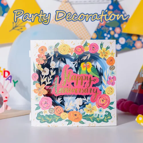 Miniatura 5 de Tarjeta de felicitación de feliz aniversario, tarjeta de aniversario de tortolitos 3D, caja de flores mostrable, tarjeta de aniversario desplegable