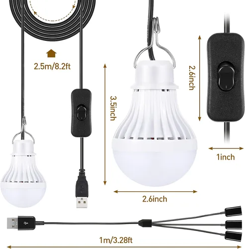 Miniatura 2 de Tuanse 3 bombillas LED USB, luces de campamento portátiles de 5 W con cable divisor USB de 1 a 3, cable de 8.2 pies de longitud extra para tienda