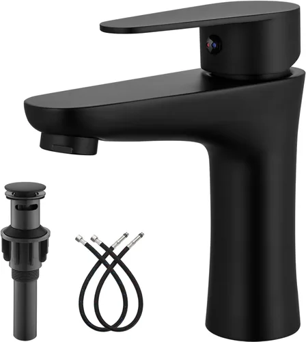 Miniatura 10 de Heyalan Grifo de lavabo de baño dorado cepillado, grifo de tocador de un solo orificio con drenaje desplegable, mangueras de agua fría y caliente