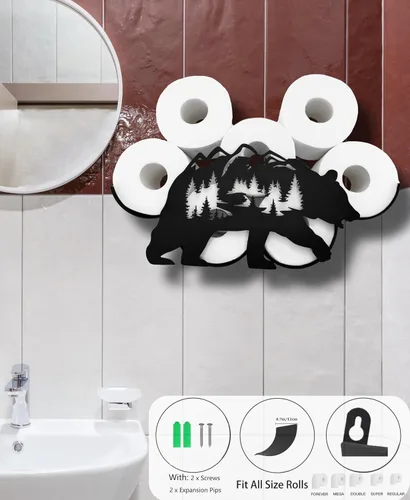 Miniatura 5 de Bear - Almacenamiento de papel higiénico de pared de metal, divertido soporte de papel higiénico negro, soporte de papel de metal decorativo