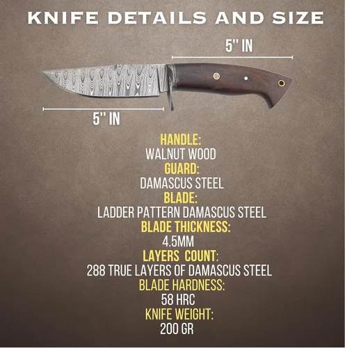 Miniatura 2 de Cuchillo de caza de Damasco hecho a mano con funda de cuero de transporte horizontal, hoja fija de espiga completa para camping, senderismo