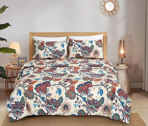 Miniatura 4 de Chezmoi Collection Paradise - Juego de sábanas florales de 3 piezas, multicolor, azul, rojo, naranja, crema, de microfibra con bolsillo profundo