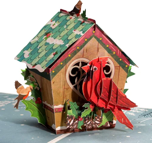 Frndly by Paper Love Bird House Tarjeta de Navidad Pop Up, Tarjetas de Felicitación Emergentes 3D Hechas a Mano, Para Navidad o Días Festivos, 100%