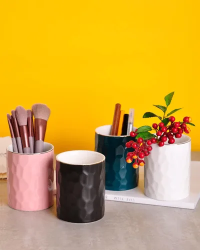 Miniatura 6 de WHJY Vaso de Lápices de Cerámica Rosa, Soporte para Brochas de Maquillaje, Soporte Dorado para Bolígrafos de Escritorio Pequeño Bonito Soporte