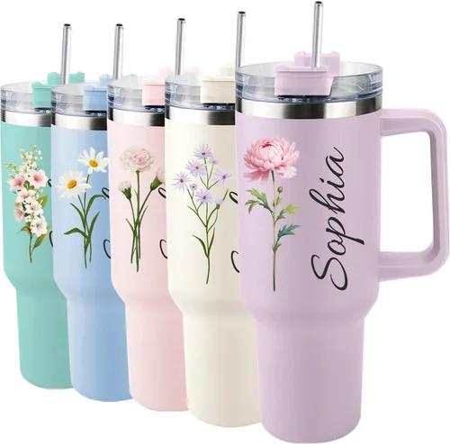 Se envía al día siguiente, vaso térmico de 40 onzas con asa y sorbete con flor de nacimiento, vaso personalizado con nombre, taza aislada