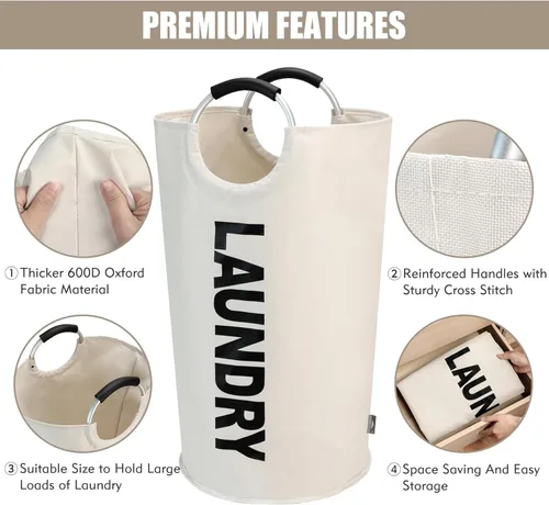 Miniatura 7 de DOKEHOM - Canasta de lavandería extragrande de 125 litros, bolsa de lavandería plegable, canasta de ropa alta y autónoma, contenedor de lavado Beige