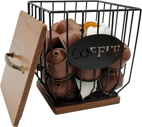 Miniatura 2 de Soporte cuadrado para cápsulas de café con tapa y base de madera, cesta de almacenamiento de cápsulas de café de alambre de gran capacidad