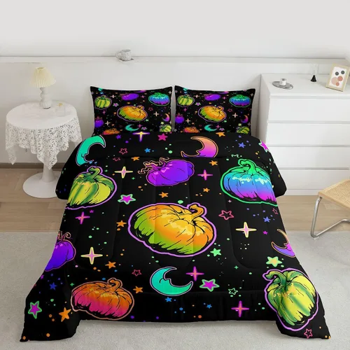 Miniatura 43 de Juego de edredón de calabaza para niños, con estampado de calabaza, estilo Halloween, juego de ropa de cama para niños, juego de ropa de cama