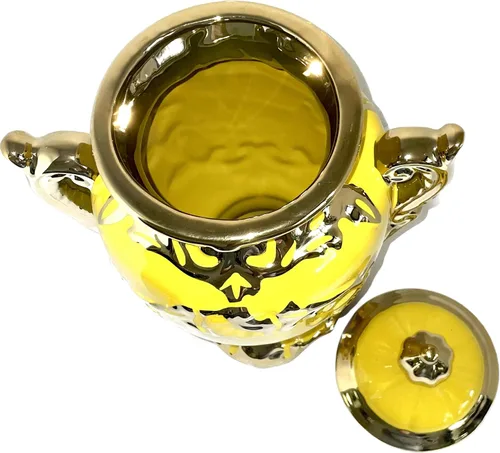 Miniatura 3 de Sopera de porcelana para Ochun amarilla con acentos dorados en forma de trofeo con capacidad de 4 litros