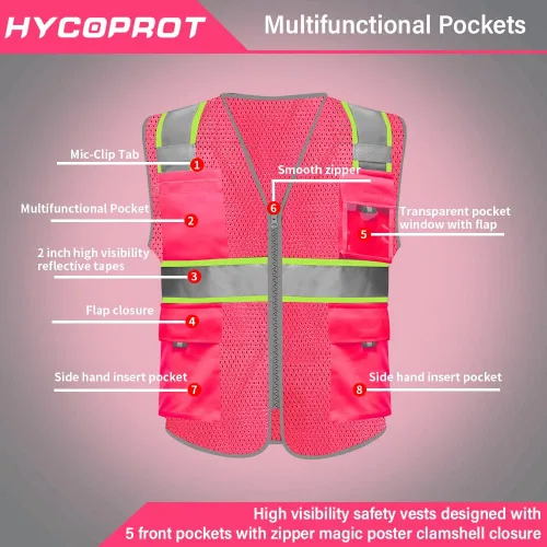 Miniatura 2 de HYCOPROT Chalecos de seguridad reflectantes de malla de alta visibilidad con bolsillos y cremallera, cumple con las normas ANSI/ISEA