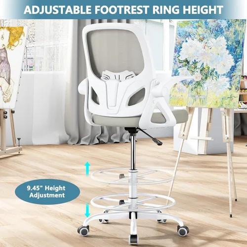 Miniatura 6 de Kensaker Silla de redacción alta, silla de escritorio ergonómica de pie con anillo ajustable para el pie y reposabrazos abatibles, silla de Gris