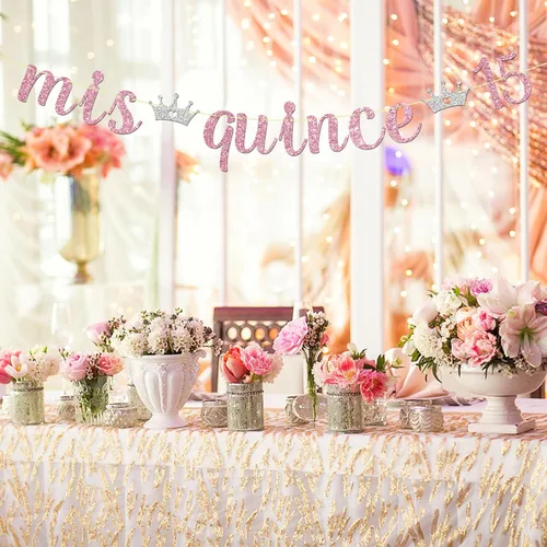 Miniatura 7 de Maicaiffe Cartel Mis Quince 15 – Decoración para fiesta de cumpleaños de 15 años para niña – Quince años – Decoración de fiesta de feliz cumpleaños
