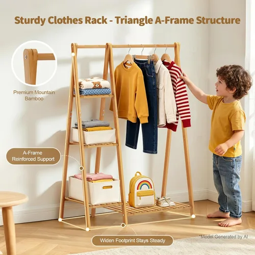 Miniatura 4 de Percheros pequeños para ropa, perchero para colgar ropa de niños, perchero de madera de bambú con estantes, estante de esquina independiente