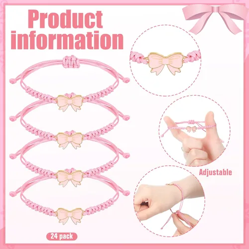 Miniatura 3 de Liliaafar Paquete de 24 Pulseras de Cuerda de Trenza de Lazo Coqueta, Regalo a Granel, Pulseras Ajustables de Cuerda Trenzada para Animadoras, Ideal