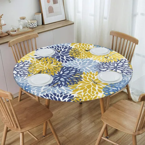 Miniatura 6 de Fiokroo Mantel de Flores de Crisantemo Azul, Amarillo y Azul Marino con Borde Elástico, Mantel Redondo Lavable y Reutilizable Cubierta de Mesa