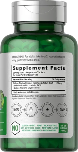 Miniatura 2 de Horbäach Ginkgo Biloba Suplemento 120 mg 240 tabletas Extracto de hierbas estandarizado con glucósidos de flavona Vegetariano, sin OMG y sin