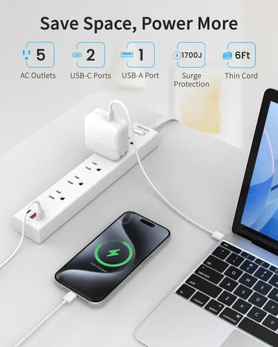 Miniatura 3 de HOPOW Regleta de alimentación con enchufe plano, cable de extensión plano ultra delgado de 6 pies, protector contra sobretensiones con 5 salidas y 3