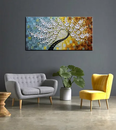 Miniatura 4 de YaSheng Art - Pintura al óleo de arte contemporánea hecha a mano de flores blancas en lienzo con textura 3D, pinturas de árbol abstractas
