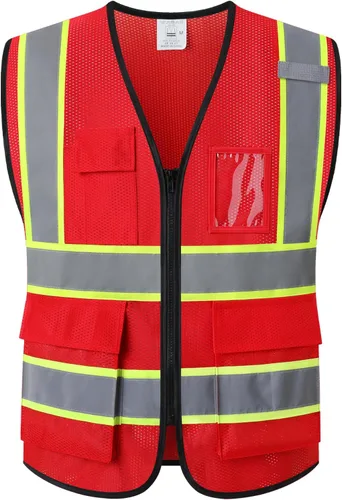 Miniatura 16 de Chaleco de seguridad de malla reflectante para hombres y mujeres con 5 bolsillos y cremallera frontal, chaleco de malla de alta visibilidad Hi Vis