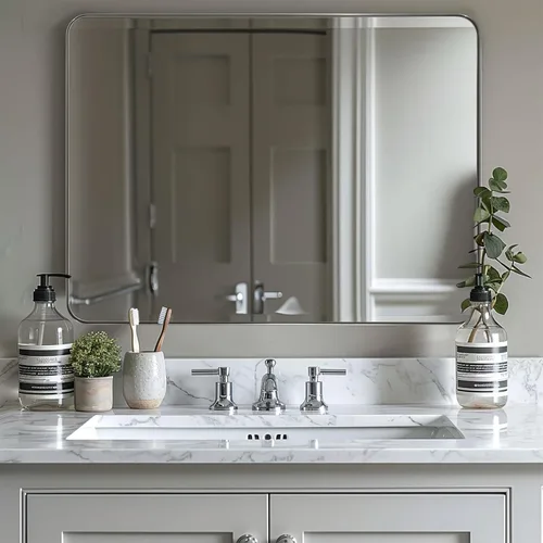 Miniatura 52 de ANDY STAR Espejo cromado para baño, espejo de pared con marco de metal de 22 x 30 pulgadas, espejo rectangular de acero inoxidable con esquina