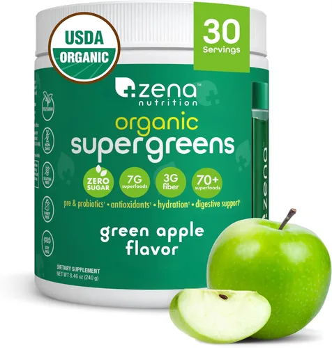 Zena Nutrition Polvo de Súper Verdes Orgánico, Más de 70 Superalimentos, 0 Azúcar, 3G de Fibra, Espirulina, Chlorella, Hongos,
