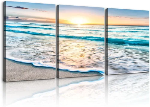 Miniatura 18 de YONICA Lienzo decorativo de 3 paneles para decoración del hogar, mar azul, puesta de sol y playa, pintura, impresión sobre lienzo, paisaje marino