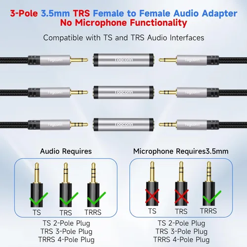 Miniatura 4 de Paquete de 2 acopladores de audio auxiliar TRS de 1/8 de pulgada y 0.138 in, conector de audio estéreo TRS hembra a hembra chapado en oro, conector