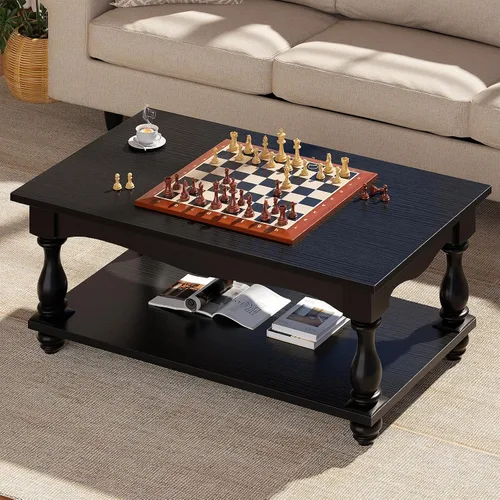 Miniatura 5 de Besiost Mesa auxiliar de 47 pulgadas con almacenamiento, diseño de granja de 2 niveles, patas de madera maciza, mediados de siglo para sala de Negro