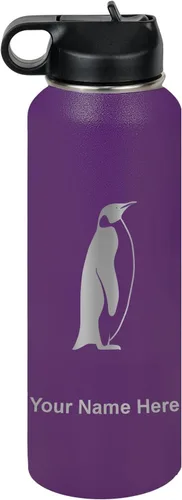 Miniatura 51 de LaserGram Botella de agua personalizada, pingüino, acero inoxidable de doble pared aislada al vacío con popote superior, regalo grabado